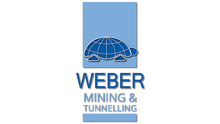 Logotype with a blue turtle on a top and text "WEBER MINING & TUNELLING"
