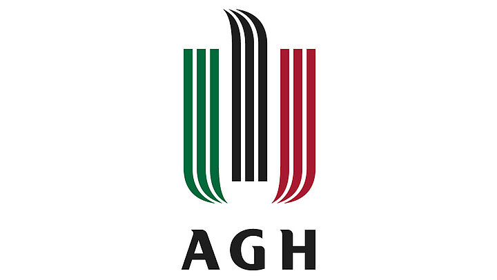 The logo is an abstract interpretation of an eagle composed of three groups of stripes in green, black and red. Below the graphic there are the letters "AGH".