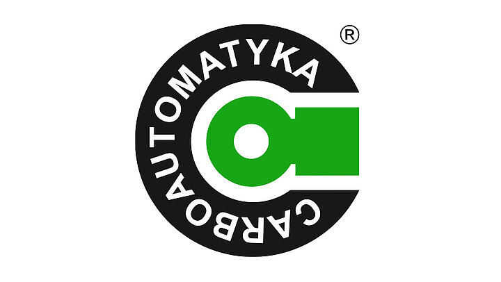The logo consists of the gray letter "C" with the white text "Carboautomatyka" inside. Green piston inside the letter.